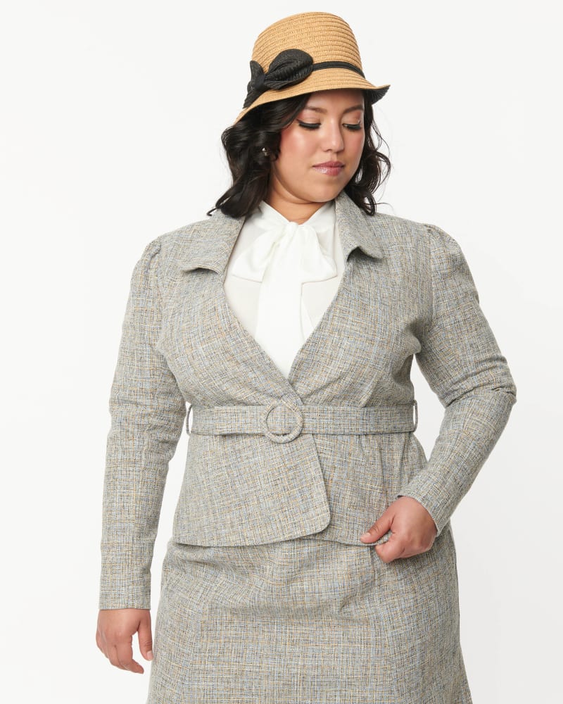 Front of a model wearing a size 4X Unique Vintage Beige & Baby Blue Tweed Belted Jacket in Beige/Baby Blue by Unique Vintage. | dia_product_style_image_id:340669